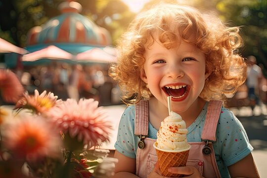Curly-haired child smiling with a sundae cone at a vibrant amusement park.