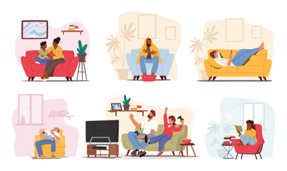 Set Of Male Female Characters On Their Couches. People Relax With Smartphone, Mother Speaking With Son, Playing Games