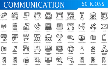 Communication icon set. Containing conversation, talking, dialog, meeting, communication, signal, antenna, forum, telephone, complaint, discussion, mail, internet and support. outline syle collection