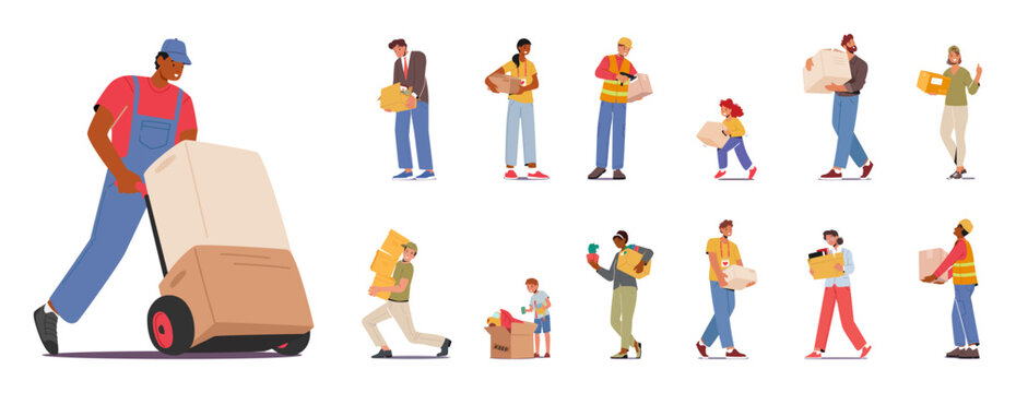 Set Of Male And Female Characters With Different Boxes. Loader With Manual Trolley Loading Cargo, Fired Employee