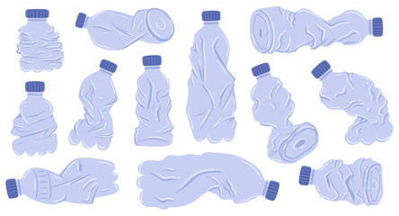 Crumpled Plastic Bottles, Conveying Environmental Impact. Isolated Icon Depicts A Discarded Flasks In Various States