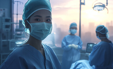 Dedicated Asian female surgeon in OR, wearing mask and scrubs, focused in a high-tech surgical setting, healthcare excellence