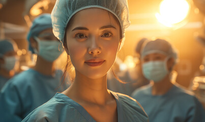 Expert Asian woman surgeon in surgical gear, with team behind, in a modern hospital setting, showcasing teamwork