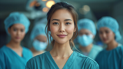 Fototapeta premium Dedicated Asian female surgeon in OR attire, poised for surgery, exemplifying medical expertise and focus