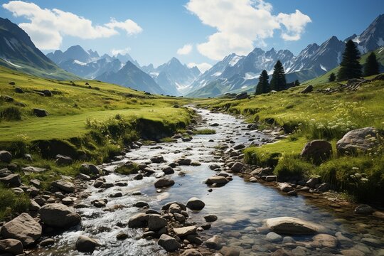 Alpine valley landscape with river and snowy mountains