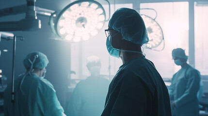 Hospital surgery scene with surgeon in sterile gear, ready for procedure in a state-of-the-art operating room.