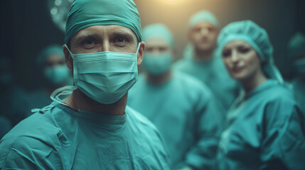 Fototapeta na wymiar Healthcare professionals during surgery, confident surgeon forefront, modern medical practice