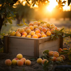 Apricots harvested in a wooden box in an orchard with sunset. Natural organic fruit abundance. Agriculture, healthy and natural food concept. Square composition.