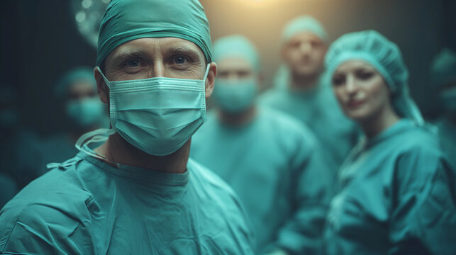 Healthcare professionals during surgery, confident surgeon forefront, modern medical practice