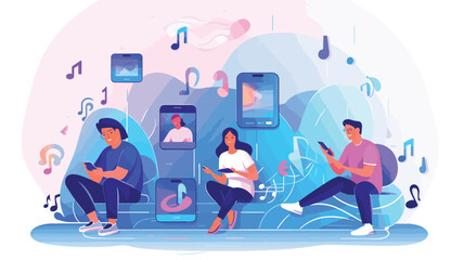 entertainment and multimedia features of smartphones in a vector scene featuring individuals streaming videos, listening to music, and enjoying mobile gaming. 