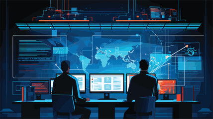 cybersecurity with a vector scene featuring cybersecurity professionals monitoring networks, analyzing logs, and responding to potential threats in real-time.  - obrazy, fototapety, plakaty