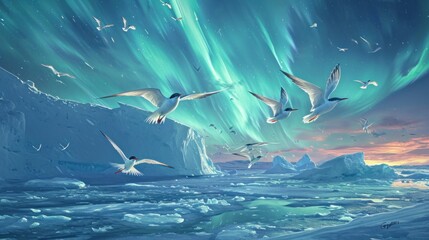 Obraz na płótnie Canvas a group of birds flying over an iceberg under a sky filled with green and blue aurora aurora bores.
