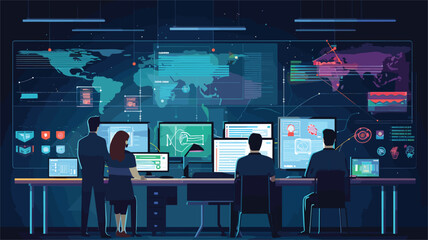 cybersecurity with a vector scene featuring cybersecurity professionals monitoring networks, analyzing logs, and responding to potential threats in real-time. 