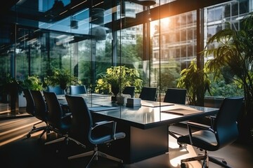 Fototapeta premium Modern office interior with glass walls and green plants