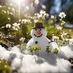 Obraz premium Snowman on a meadow with grass and spring flowers growing through the melting snow. Concept of spring coming and winter leaving.