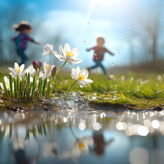 Children running in a countryside with spring flowers and grass. Concept of spring coming and winter leaving. Focused on the flowers.