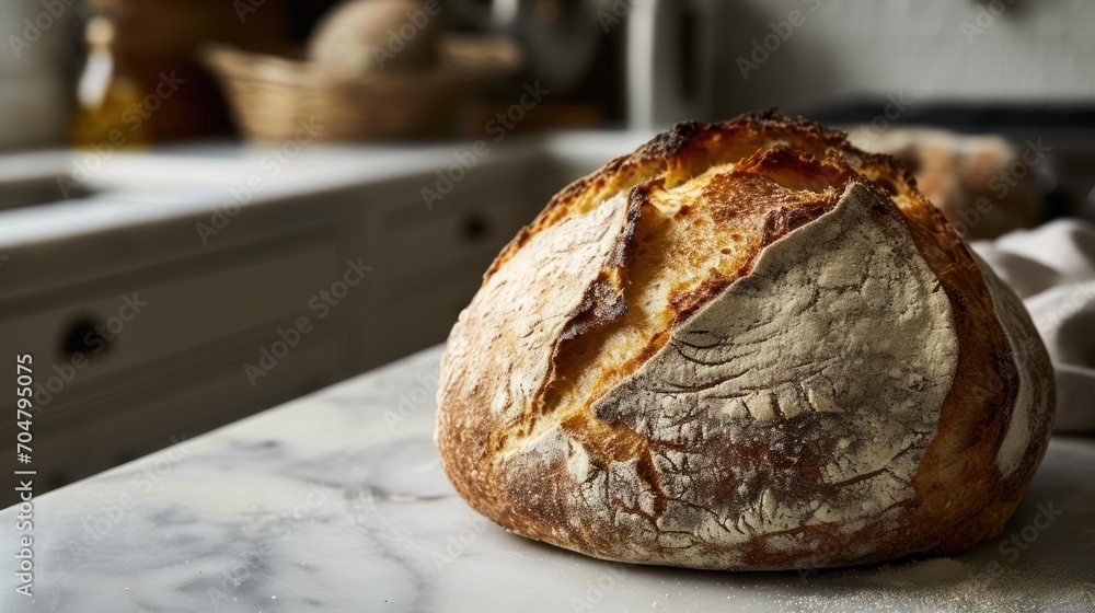 Poster a loaf of bread sitting on top of a counter next to a basket of bread on top of a counter.
