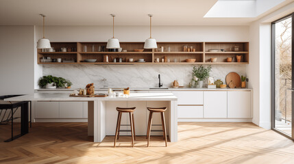 Image of a minimalist kitchen that is functional and efficient, with white cabinets, marble worktops and stainless steel kitchen appliances. generative ai