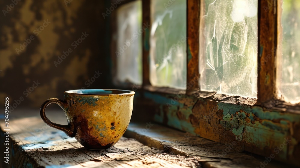 Poster a coffee cup sitting on a window sill in front of a window with a broken pane of glass.