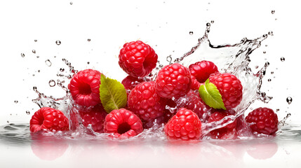 Fresh raspberries in water splash isolated on white background, generative ai