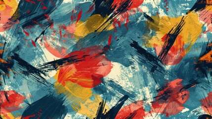  a multicolored abstract painting with black, red, yellow, blue, and orange strokes on a white background.