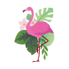 Beautiful flamingo on tropical flora, vector exotic flamingo bird with pink feather, plumage and long legs and neck