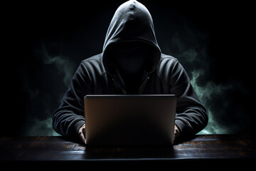 A man is sitting at a laptop on a black background. Hacking and information