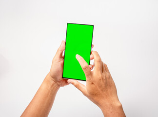 Mockup of man hand holding the black android smartphone with green screen white background