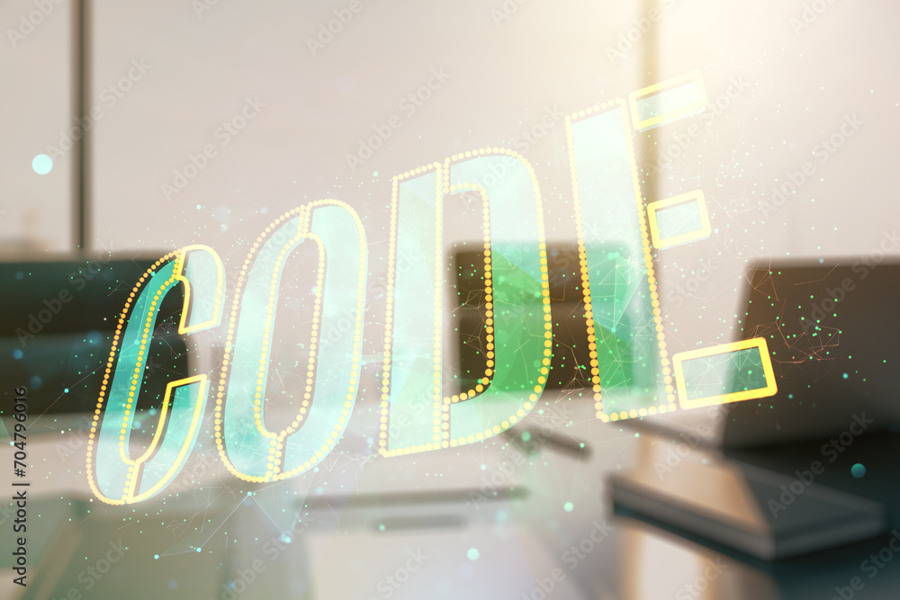 Aufkleber creative code word hologram and modern desktop with laptop on background, artificial intelligence an