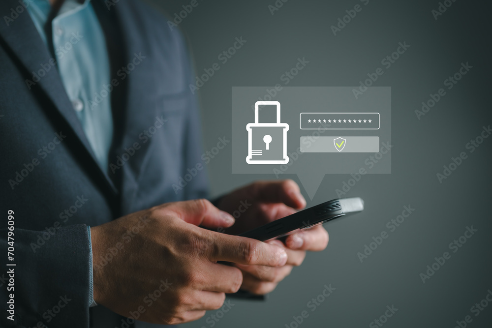 Aufkleber Cybersecurity and privacy concepts to protect data. Lock icon and internet network security technology. Businessman protecting personal information data smartphone, secure, password, privacy, access.