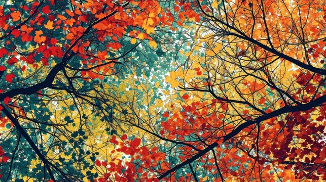  a painting of trees with red, yellow, green, and orange leaves in the foreground and a blue sky in the background.