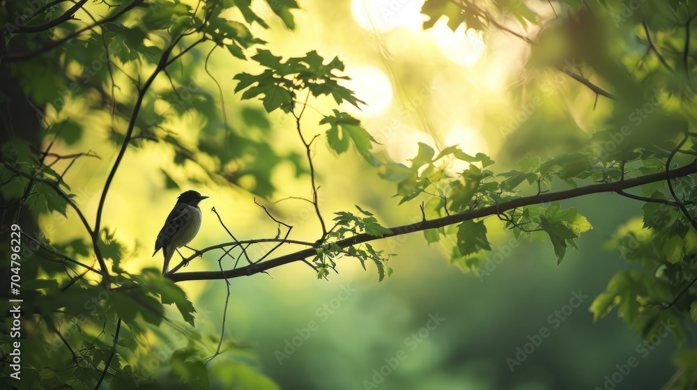 Poster a small bird perched on a branch of a tree with green leaves in the foreground and a sunbeam in the 