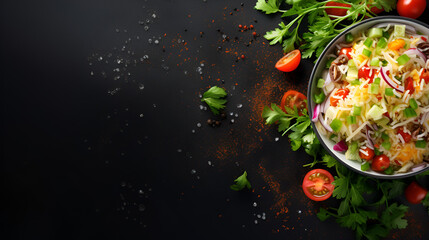 Fresh salad with rice and vegetables on a dark background, copy space, generative ai