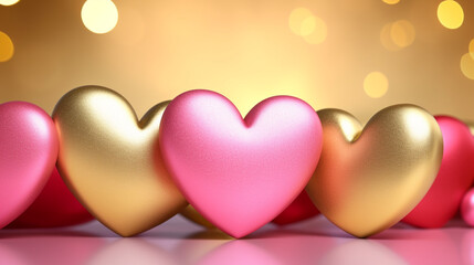 pink and golden hearts on golden background