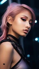 futuristic portrait of an Asian woman with pink hair