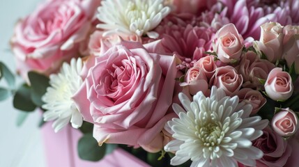  a bunch of pink and white flowers are in a pink vase with greenery on the side of the vase.