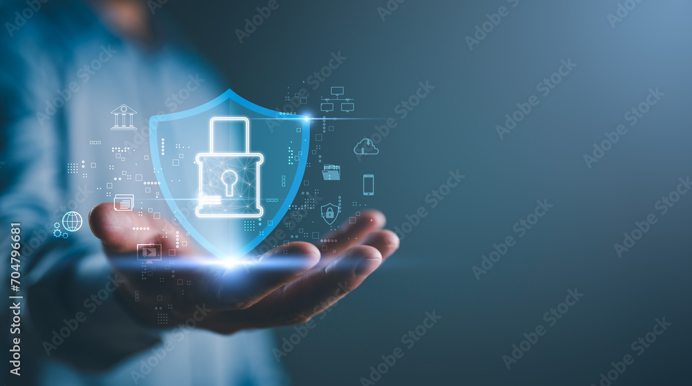 Poster cybersecurity and privacy concepts to protect data. lock icon and internet network security technolo