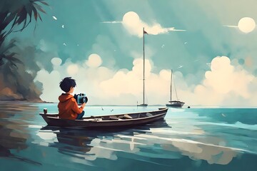 A boy with camera sits on a boat floating on the sea, digital art style, illustration painting
