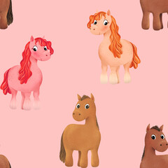 Seamless pattern of cute watercolor pony. Little horse. Funny animal for kid. Pink background, baby shirt design, nursery decor, card making, party invitations, logos, greeting cards, posters