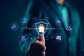 Cybersecurity and privacy concepts to protect data. Lock icon and internet network security technology. Businessman protecting personal information data show on hand, secure, password, privacy, access