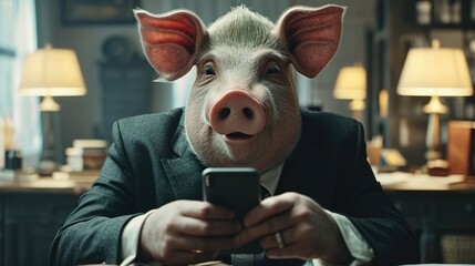 A pig face man is playing smart phone in a office. Generative AI.