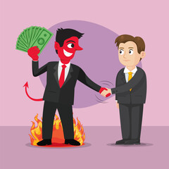 Businessman and make a deal demon. Concept of deal with devil.illustration vector eps10 cartoon.