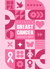 Breast Cancer Awareness Month in october. Bauhaus background with simple shapes and elements. Trendy minimalist card. Vector illustration in neo geometric style. Annual international health campaign.