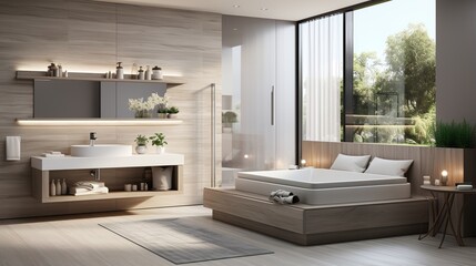 Modern bathroom and bedroom with large windows