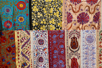 Fragments of fabrics with traditional Uzbek hand embroidery close up