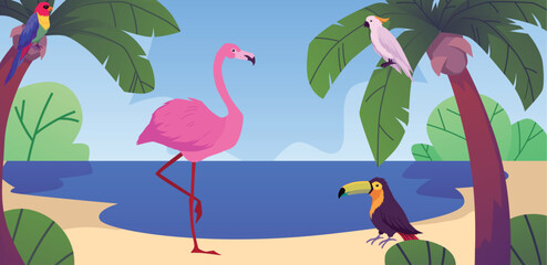 Tropical birds in landscape, palms and lake, cartoon vector illustration