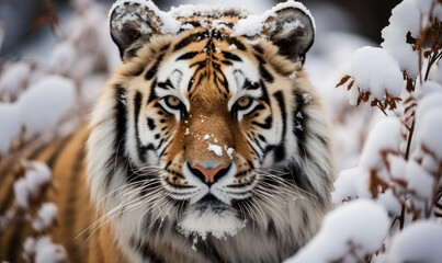 Fototapeta na wymiar Majestic Siberian Tiger with Piercing Eyes in Snowy Habitat, A Powerful Icon of Winter's Wild Beauty