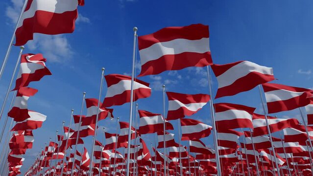 Set of 3D Flags of Austria. National Austria flags waving in the wind. 3D Rendering. Flags of Austria waving in the wind on flagpole against the sky with clouds on sunny day. Concept of politics, busi