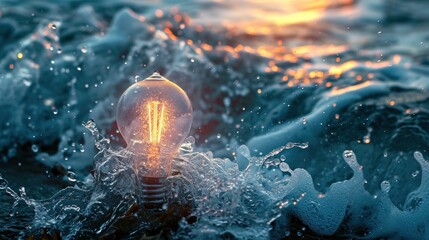  a light bulb in the middle of a body of water with water splashing around it and a sunset in the background.