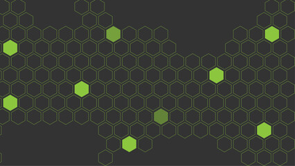 Green illustration of hexagon pattern is abstract pattern arranged of hexagon from shape of beehive and honeycomb on black background